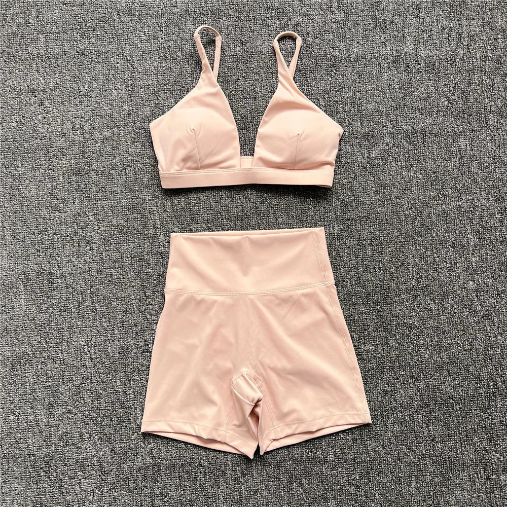 2PCS Nude Deep VNeck Sport Bra Women Yoga Sets Workout Gym Scrunch High Waist Fitness Push Up Shorts Running Avtive Suit XP187