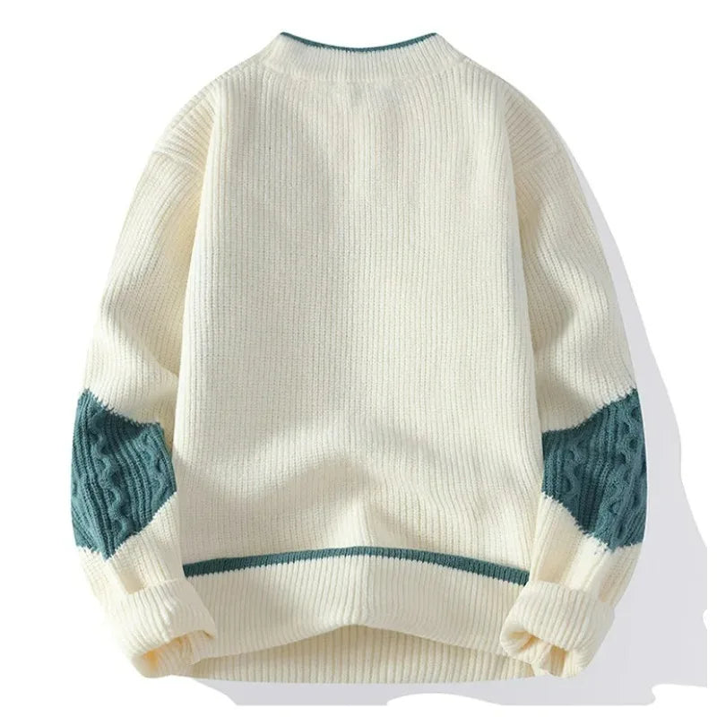 KIDWHXR 2026 Autumn Winter Men Sweaters Contrast Color Round Neck Male Knitted Tops Loose Long Sleeve Man Casual Pullovers