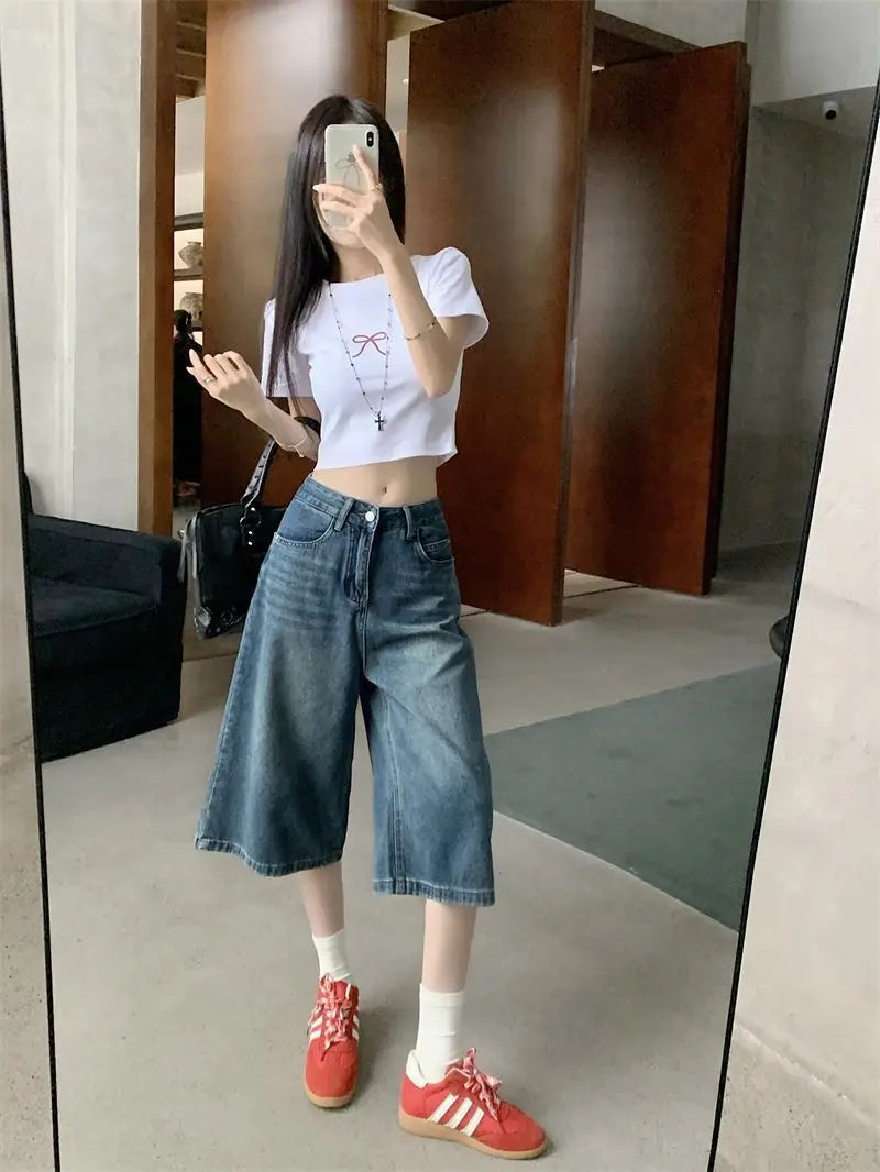 Summer American Style Vintage Women Baggy Jeans Y2k Loose Washed High Waist Knee Length Denim Pants Streetwear Wide Leg Shorts