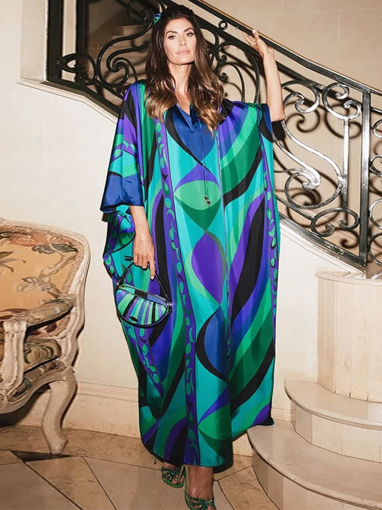 Casual Vacation Long Puff Sleeve V-neck Beach Dresses Fashion Printed Oversize Maxi Dress Women Lady Summer Bohemia Party Robes