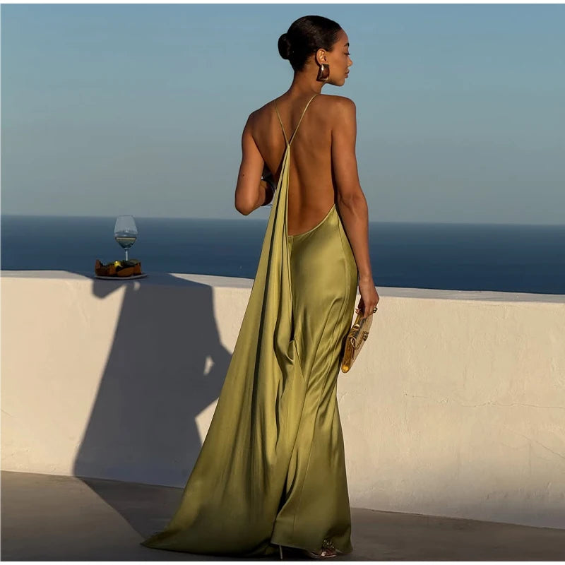 Backless Satin Long Sling Dress Women V Neck Sleeveless Slit Solid Sexy Party Dresses 2026 Summer Lady Vacation Evening Robes