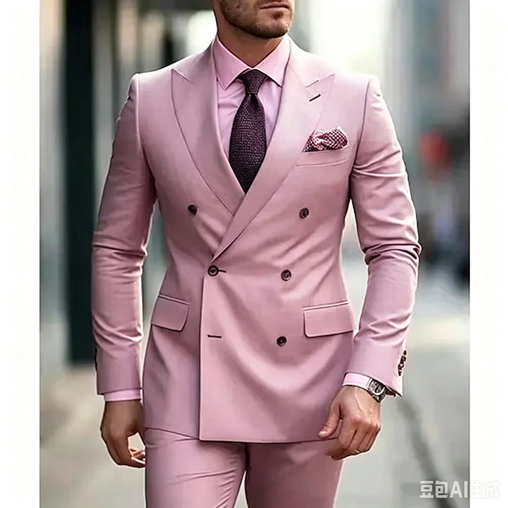 Men's Suits Solid 2 Pieces Plus Size Wedding Daily Business Formal Men Suits Tailored Silm Fit Double Breasted 6 Buttons