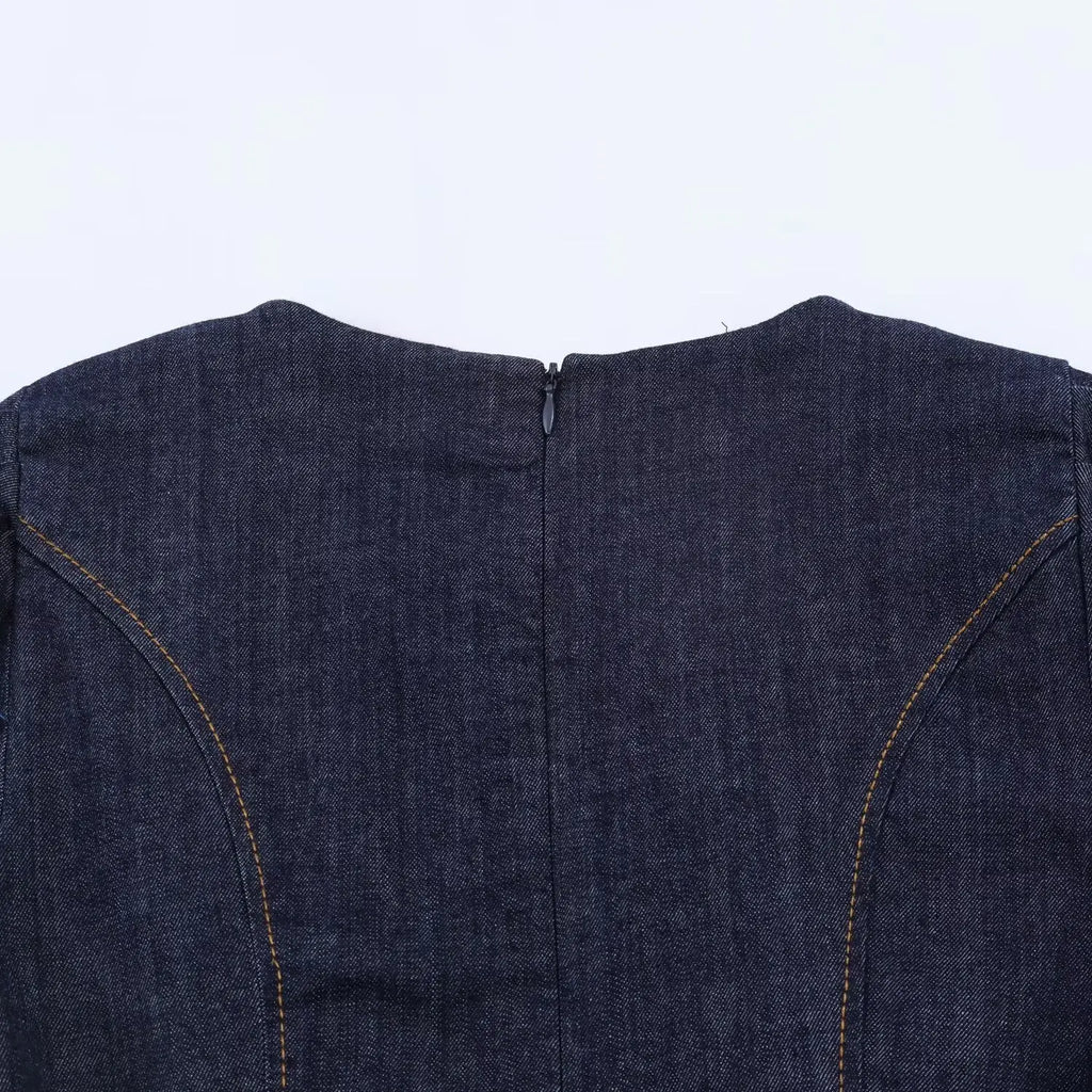 HH Summer Women Fashion O-Neck Bubble Sleeve Denim Dress Back Zipper Sexy Solid Dress Woman Holiday Party Mini 2026 Dress
