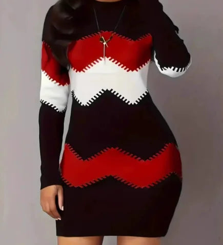 Round Neck Long Sleeve Print Knit Bodycon Midi Dress Women Casual Slim EU US Style Fall Winter Gown
