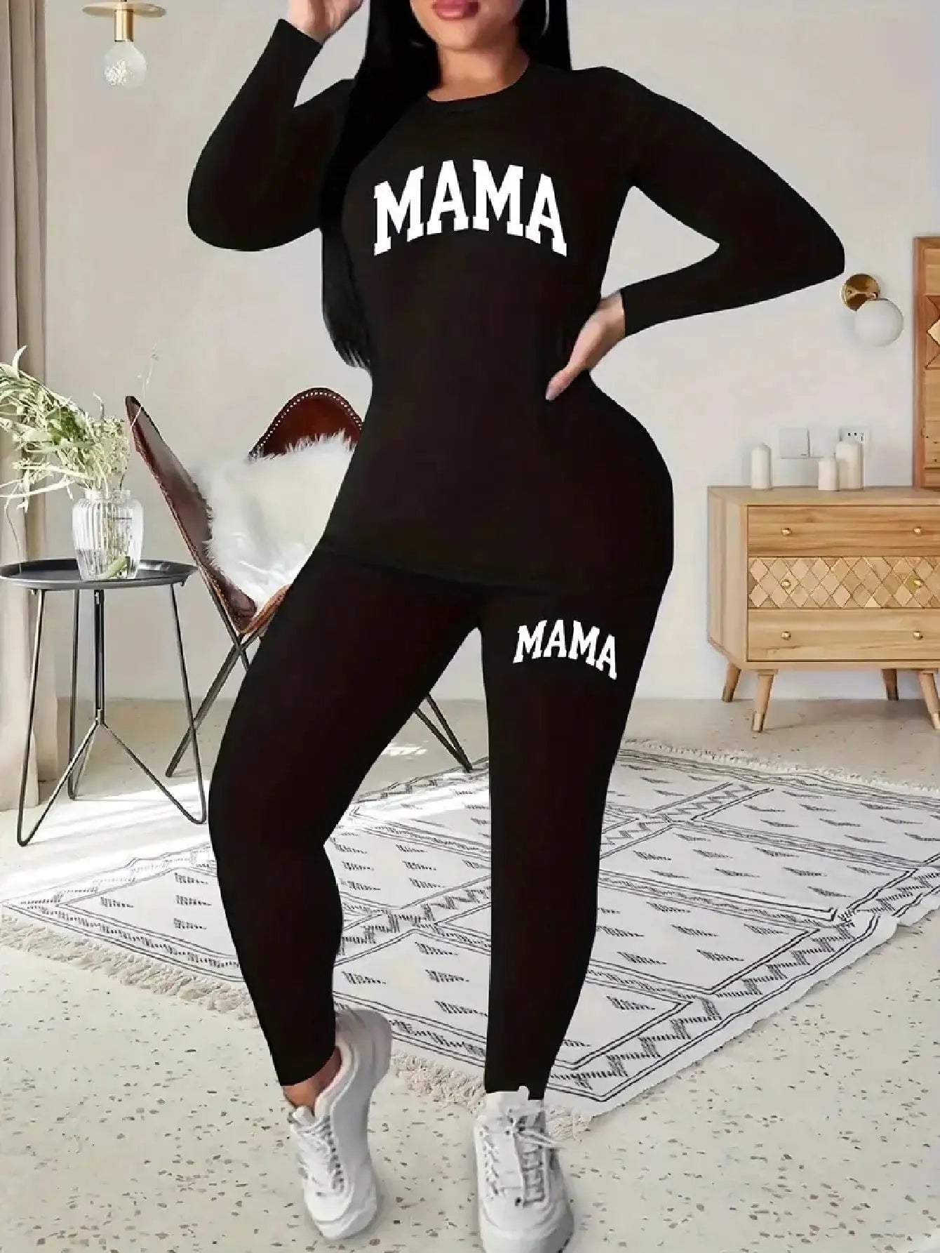 2026 Women's Casual Two Piece Set round Neck Long Sleeve Top Solid Color Printed Leg Tight Pants Outfit