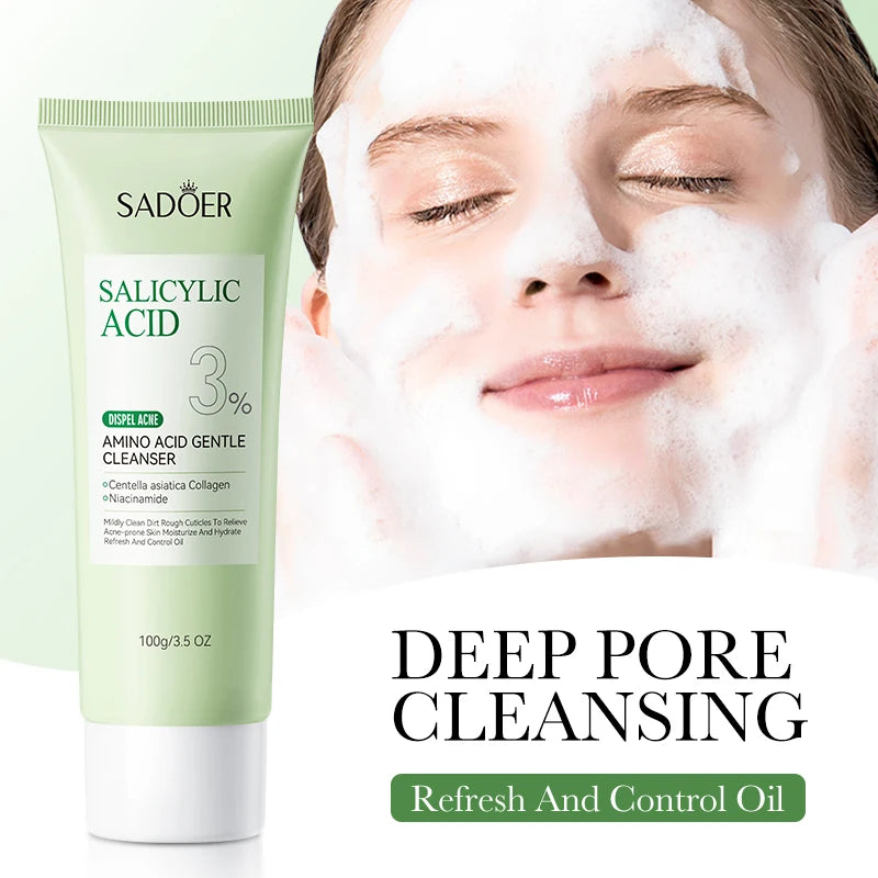 Salicylic Acid Face Wash – Oil Control Deep Cleansing Foaming Cleanser for Oily Acne-Prone Skin, Gentle Amino Acid Formula