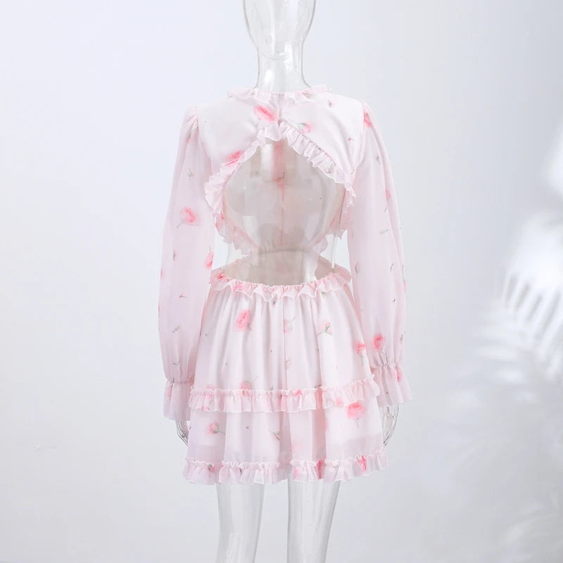 Elegant Floral Print Chiffon Dress Women's Backless Long Sleeve Ruffle Waist Cutout Tiered Dresses 2026 New Lady Party Wear