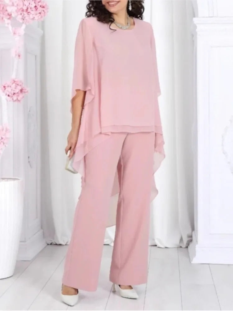 Women's Solid Chiffon Two Piece Sets Spring O-neck Mid-Sleeve Layered Ruffled Edges Long Top & Straight-leg Pants Sets Outfits