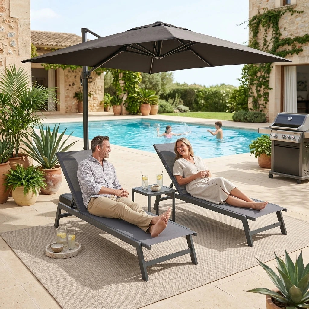 3PCS Aluminum Teslin Sun Lounger Set With Side Table Adjustable Backrest Outdoor Chaise Lounge Pool Garden Beach Hotel Sunbed