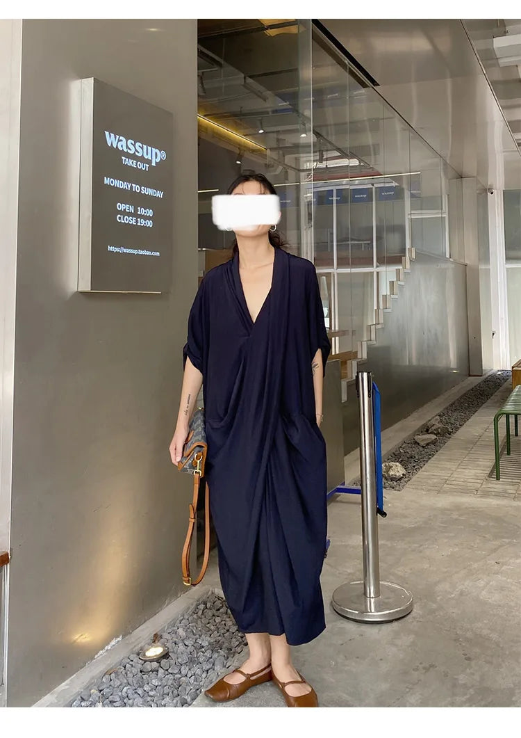 New Chinese-Style Dress~Draped Collar Navy Blue Pleated Dress, Summer Slimming and Elegant Long Dress for Women