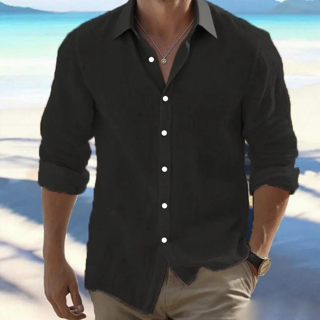 Large Size Cotton Blend Hot Selling Men's Long Sleeved Lapel Shirt Summer Solid Color Stand Up Collar Casual Beach Style
