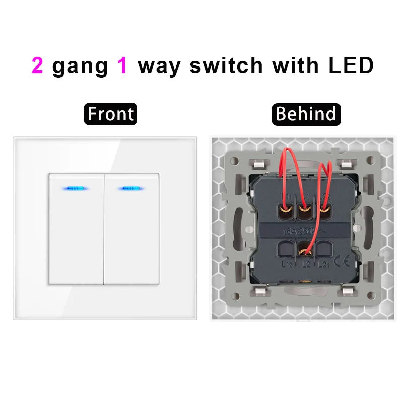 NYWP Luxury Crystal Tempered Glass Panel 1 Gang 2 Way Light Switch On / Off Wall Switch With LED Indicator 16A AC 250V