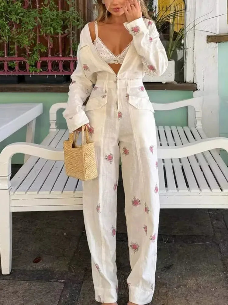 Fashionable Print Long Sleeve V-Neck Zipper One-Piece Pants Women's High Waist Straight Leg Suiting Commute Workwear Autumn 2026