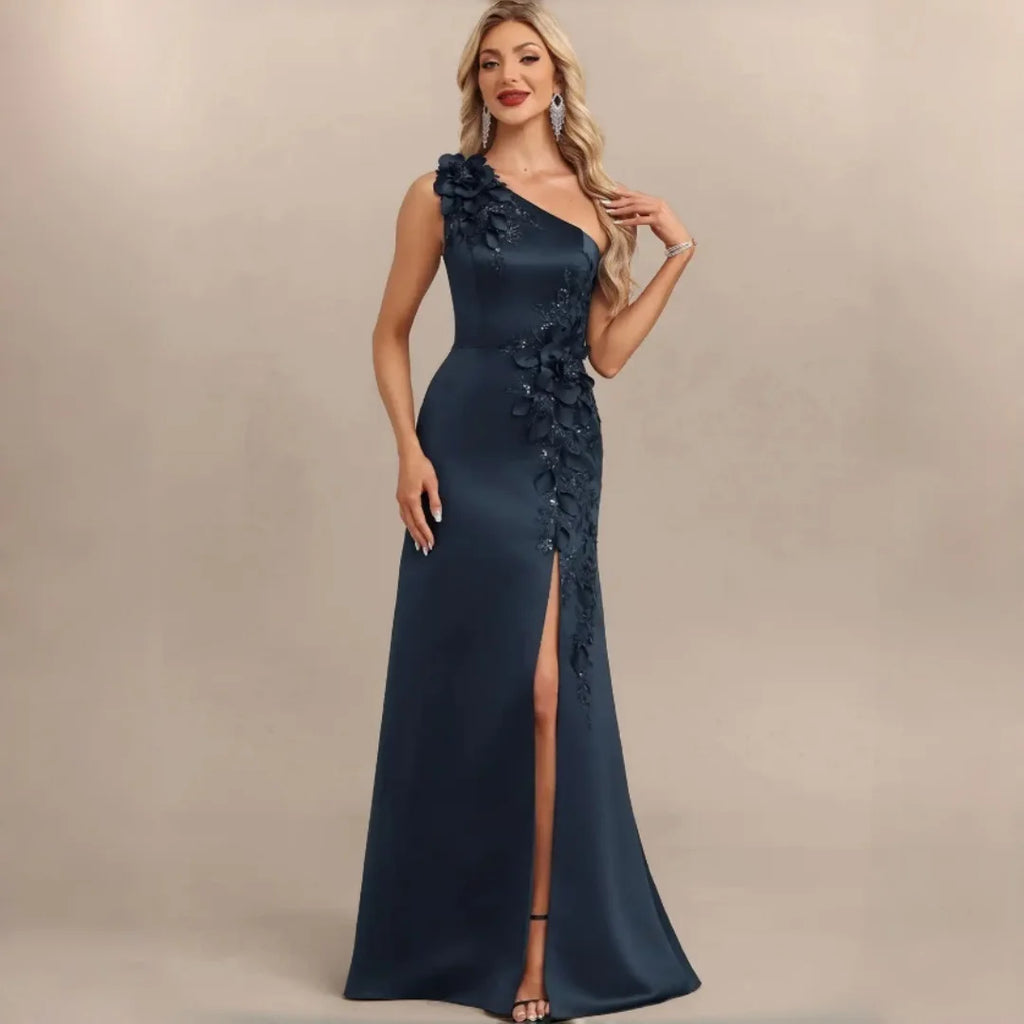 One Shoulder Satin Bridesmaid Dresses 3D Floral Applique Sequin High Slit Overskirt Formal Evening Maxi Gown Wedding Party Dress