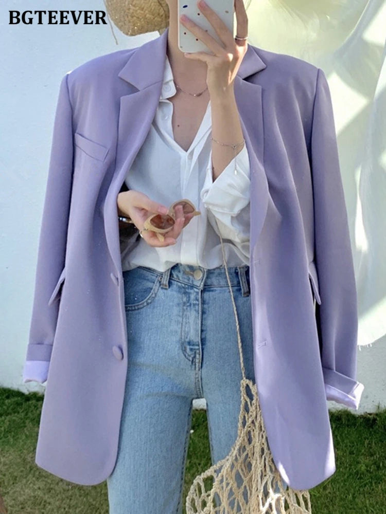 BGTEEVER Casual Loose Lapel Ladies Suit Jackets Full Sleeve Single-breasted Solid Female Blazer Tops Spring Women Outwear