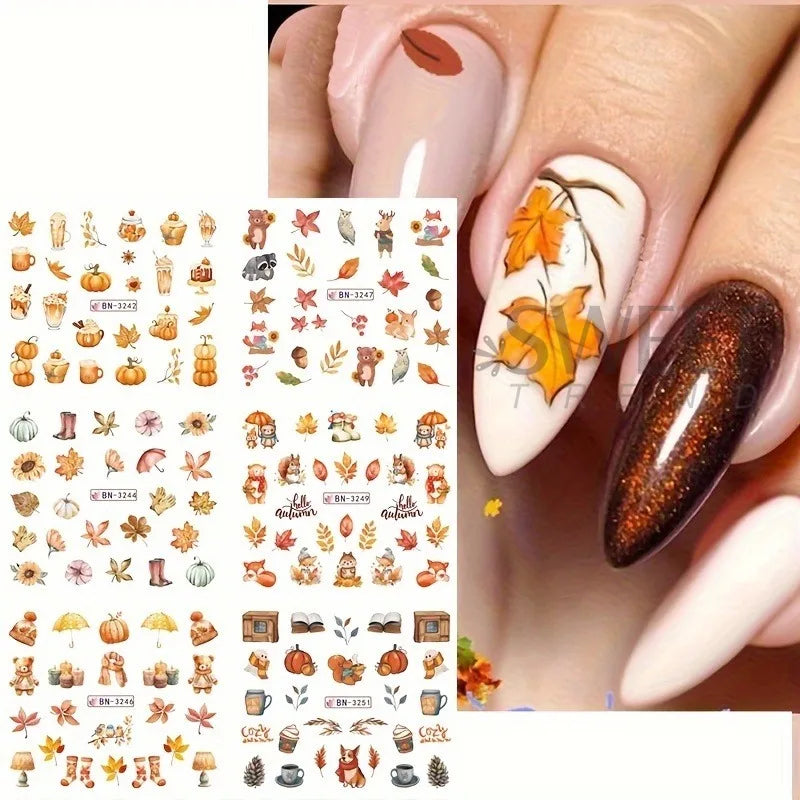12 Designs Autumn Maple Leaf Squirrel Pumpkin Water Nail Stickers Fall Season Element Watermark Sliders DIY Manicure Decal Foils