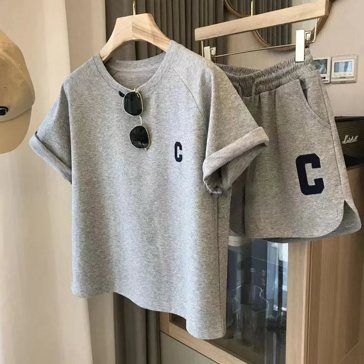  2 Piece Set Women Summer Loose Short Sleeve T-Shirt Casual Shorts Sports Print Letter Casual Suit Large Size Short Pajamas