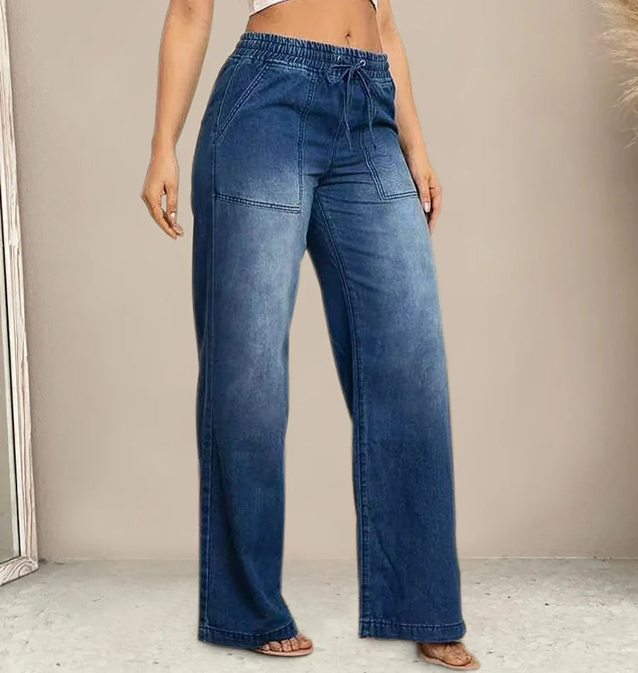 Chic High Waist Drawstring Denim Pants Women's Straight Wide Leg Jeans Fashion Trousers