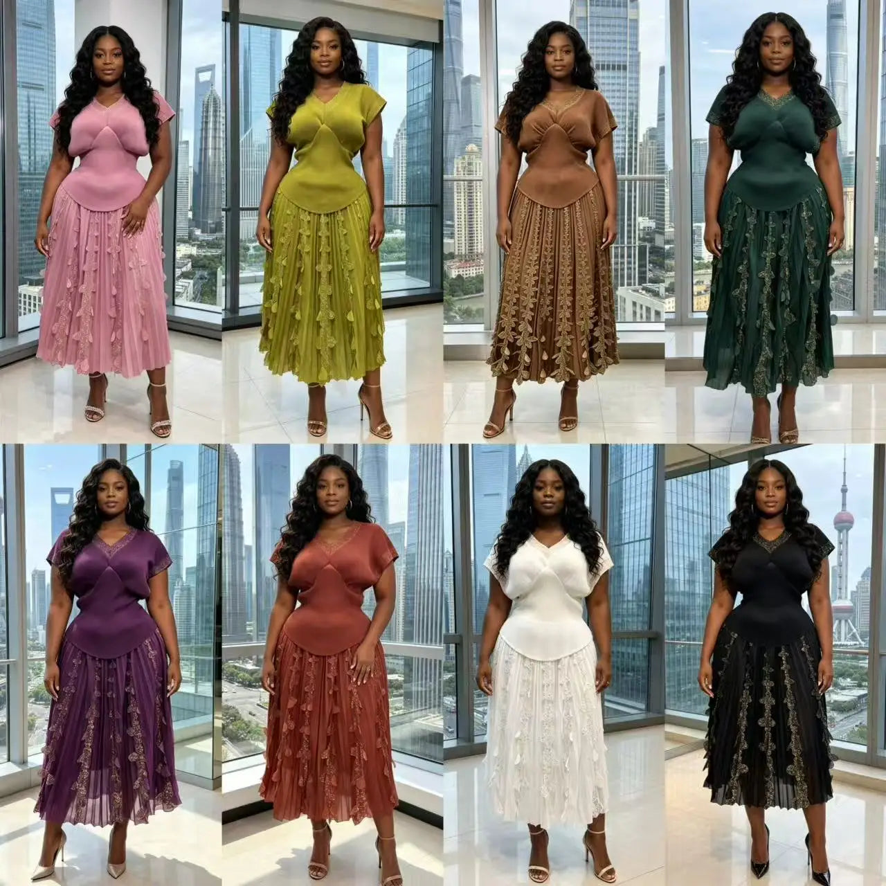 2026 Spring and Summer Retro High Waist and Thin Bronzing Suit  V-neck Bat Sleeve Versatile T-shirt Skirt Two-piece Suit Women