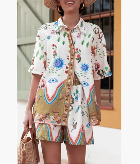 2025 New Summer Vacation Shorts Set 3D Printed Seaside Tropical Casual Lapel Shirt Blouse Top Shorts 2-Piece Suits Beach Holiday