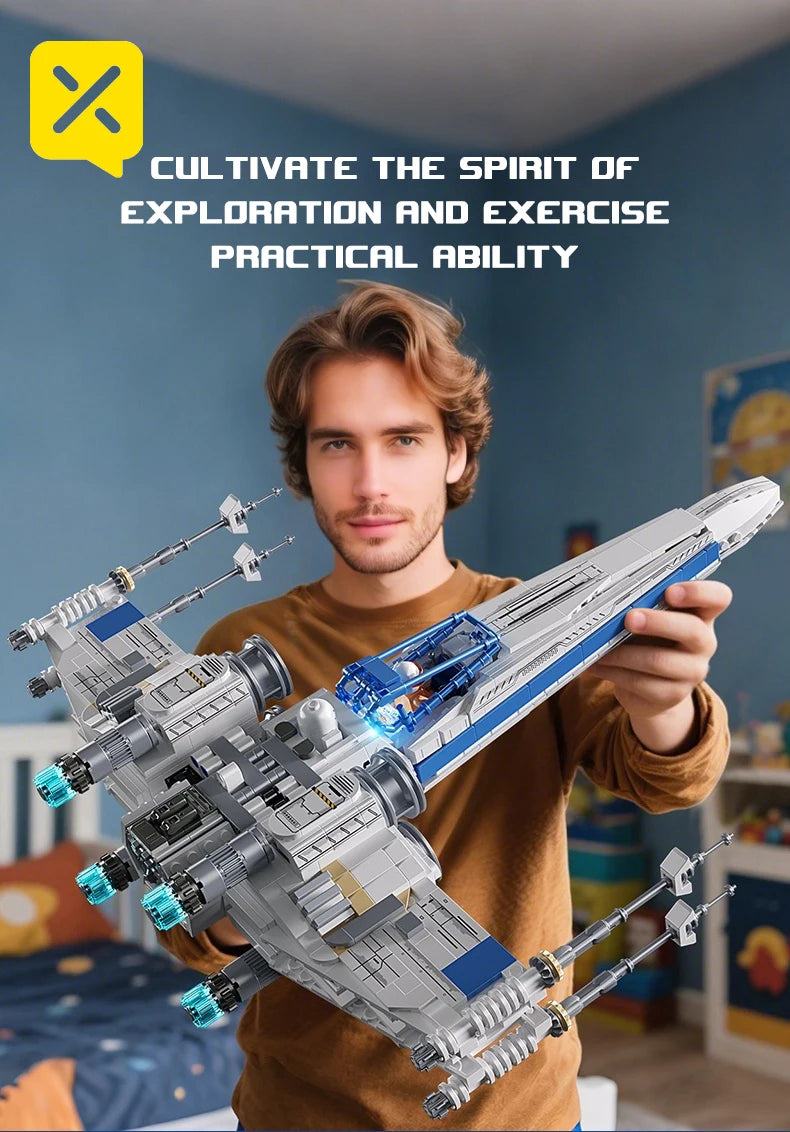 KAVOWORLD X-Wing Space Fighter Jet Building Blocks Toys Set with Pilot High-Technical Linked Wing Transformable Aircraft Model with LED Lights Retractable Landing Gear Spaceship Toy for Adults Birthday Christmas Gift for Spac