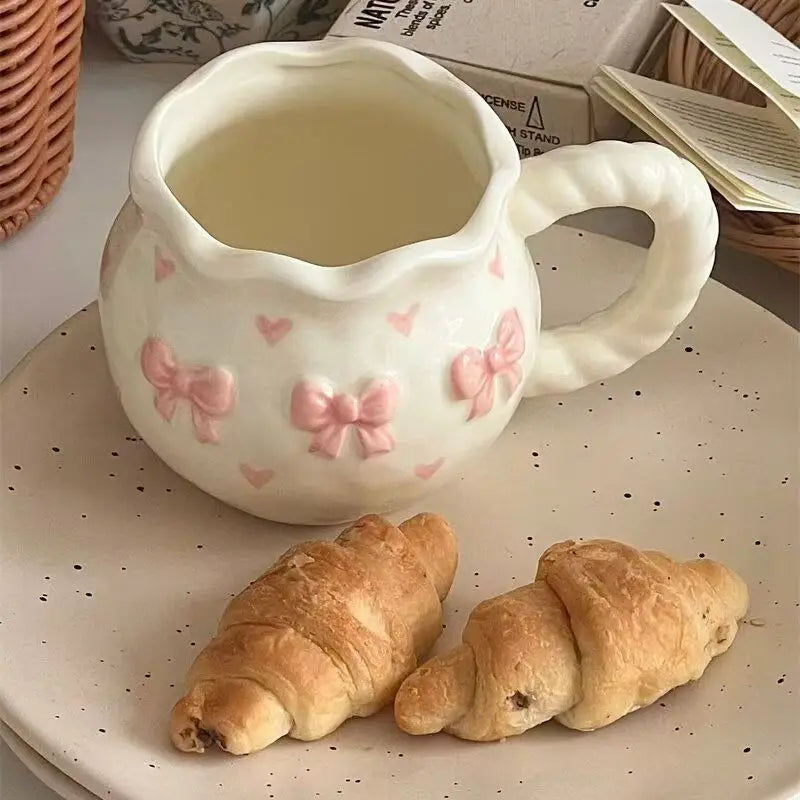 Thickened Cream White Mug Cute Bow Cartoon Ceramic Cup with Handle Milk Cup Coffee Cup Modern Simple Universal Water Cups
