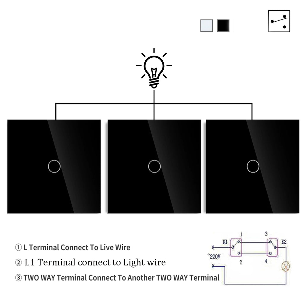 1gang 2way 3way Touch Switch Wall Light Switches No Neutral Wire With Tempered Glass 240V No Wifi No RF433