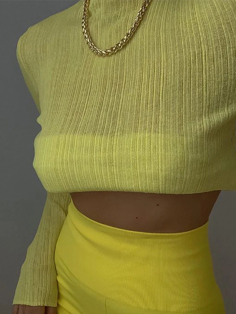 2024 Fall Elegant See Through Long Sleeve Mock Neck Women Tops Fashion Streetwear Sexy T-Shirts Tees Slim Clothes