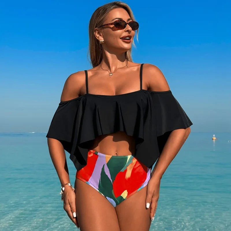 Bikini Sets For Women Ruffles Bikinis Bra and Printing Shorts Ladies High Waist Summer Beach Bathing Suits Swimsuits