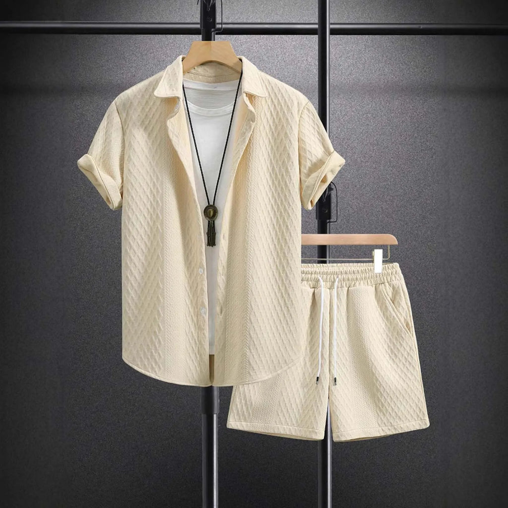 2025 Men'S Clothing Casual Two Piece Set Loose Plus Size Solid Button Down Short Sleeve Shirt & Elastic Waist Belted Shorts Suit