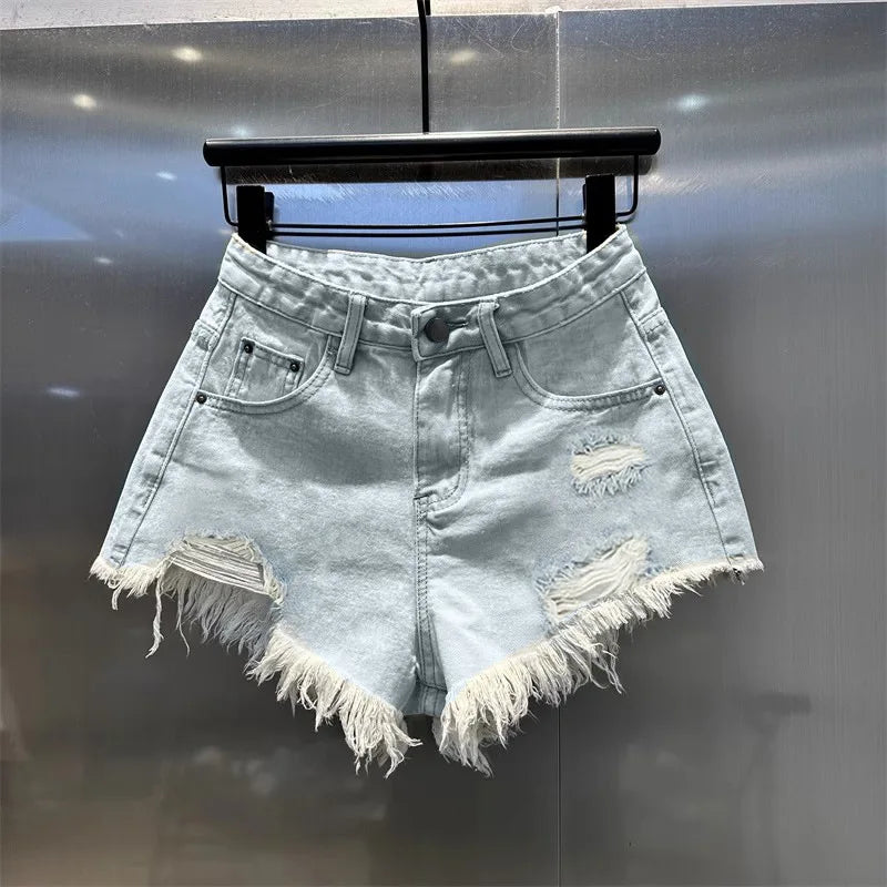 Retro Irregular Old Ripped Denim Shorts Women's Summer Low Waist Design Jeans Hot Pants Sky Blue