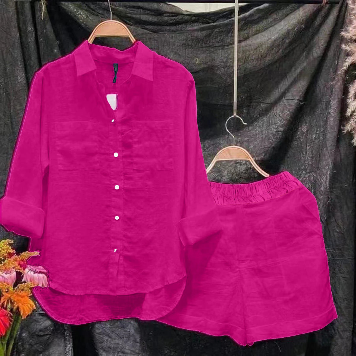 Women Spring Shorts Suits Holiday Long Sleeve Lapel Shirts And High Waist Pants 2 Pieces Jogger Sets Ladies Casual Outfits