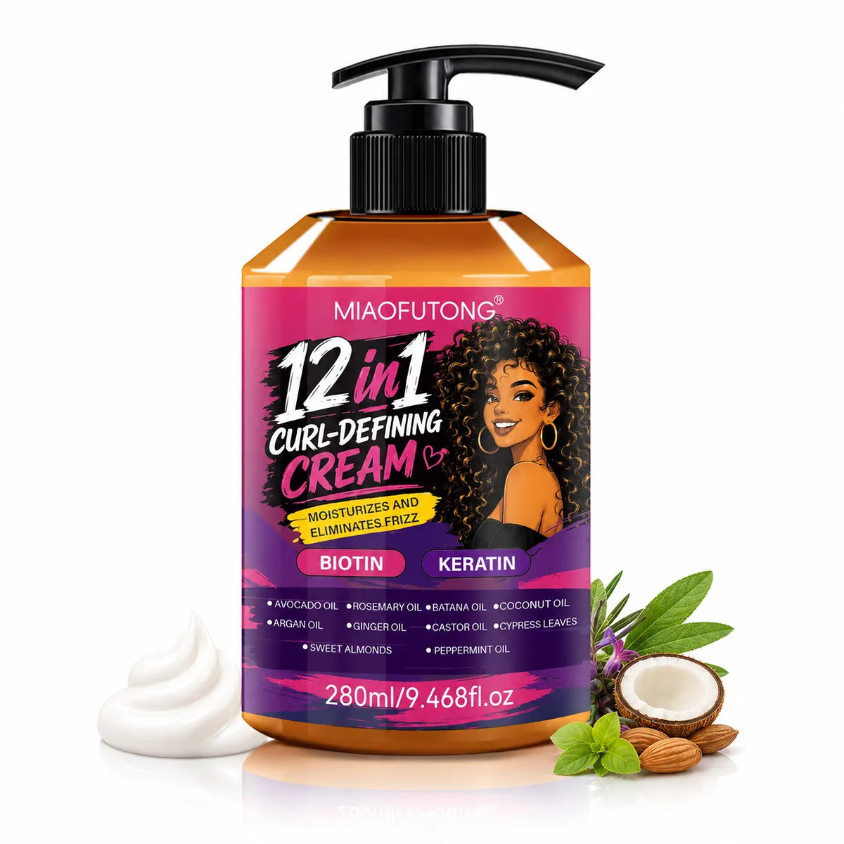 12‑in‑1 Curl Defining Hair Cream 280ml Biotin & Keratin Infused Deep Moisturize Reduce Frizz Define Curls For Natural Curly Hair