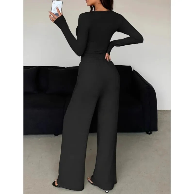 Spring Autumn Women Two-piece Suit Casual Slim Long Sleeve Tracksuit Suit Button Solid Tights And Trousers 2-piece Set Clothing