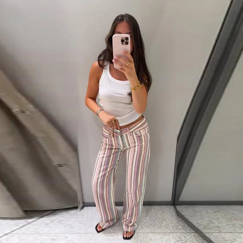 Color Vertical Stripe Women's Wide Leg Pants Folded Wide Waistband Side Thin Drawstring Tie Relaxed Drape Length Casual Pants
