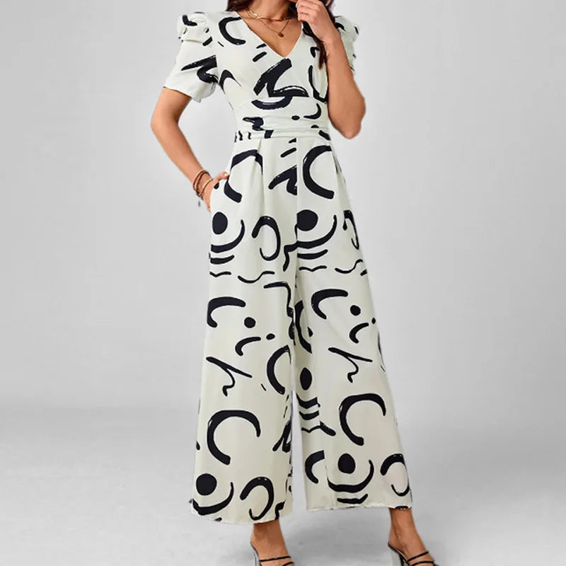 2026 spring new short-sleeved V-neck printed temperament elegant commuter style high waist wide leg jumpsuit
