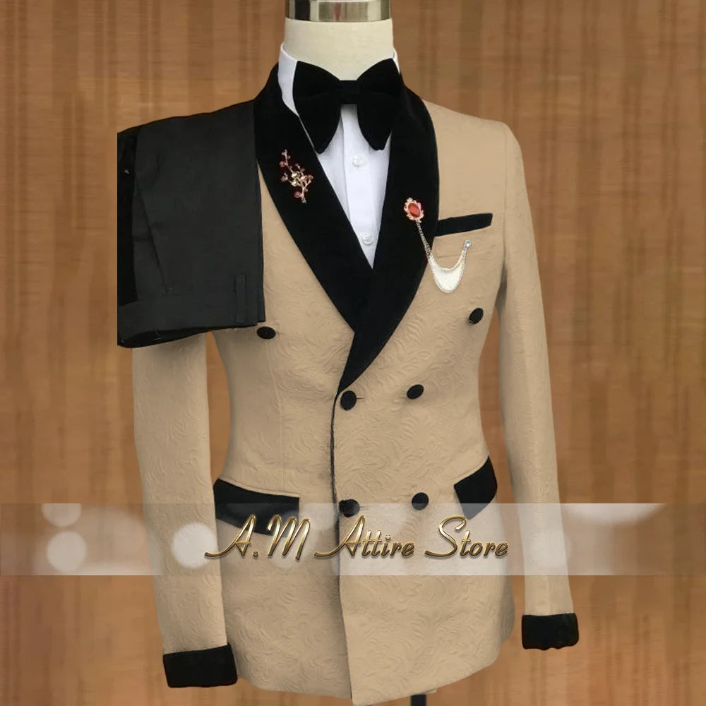 Luxury Wedding Attire for Men Tailored White Jacquard Suit with Black Velvet Shawl Lapel Accents for Grooms & Bridal Party 2PCS