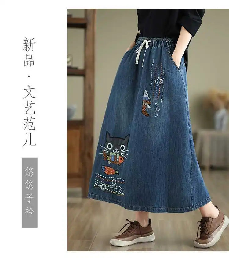 2026 Women's Denim Skirts Retro Cartoon Animal Embroidery Casual Half Skirts Spring Summer High Waist Fashion Loose Midi Skirts