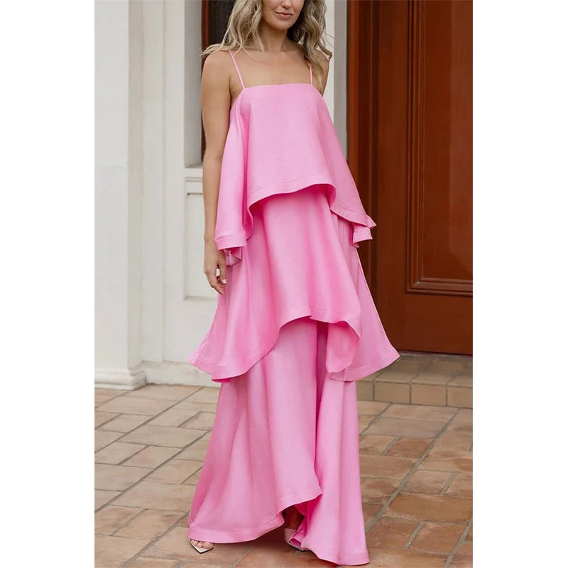 Chic Multicolored Pleated Women Maxi Dress Elegant Spaghetti Strap Ruffle Tiered Flowy Vestidos 2026 Summer Lady Vacation Outfit