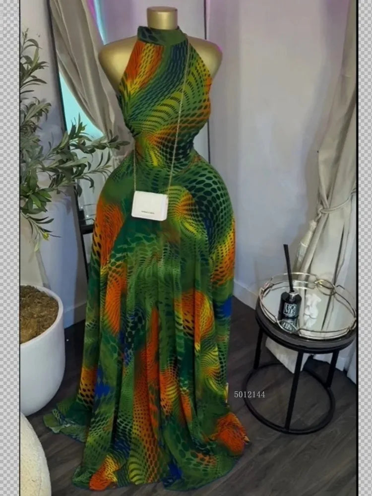 sexy Women Printed Sleeveless with Sashes Fit and Flare A-line Maxi Dress 2026 Streetwear Beach Holiday Long Dresses Vestido
