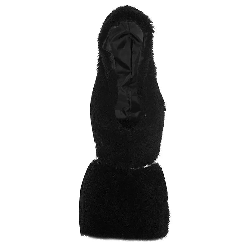 2026 Fall Winter Fashion Faux Fur 2 Piece Set Women Lace Up Backless Hooded Tank Tops + Bodycon Mini Skirts Casual Street Suits