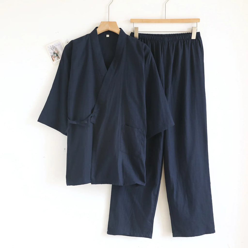 Kimono Robes Pajamas Set for Spring Autumn and Summer Thin Men's Cotton Loose Fit Large Size Half Sleeve Sleepwear Set