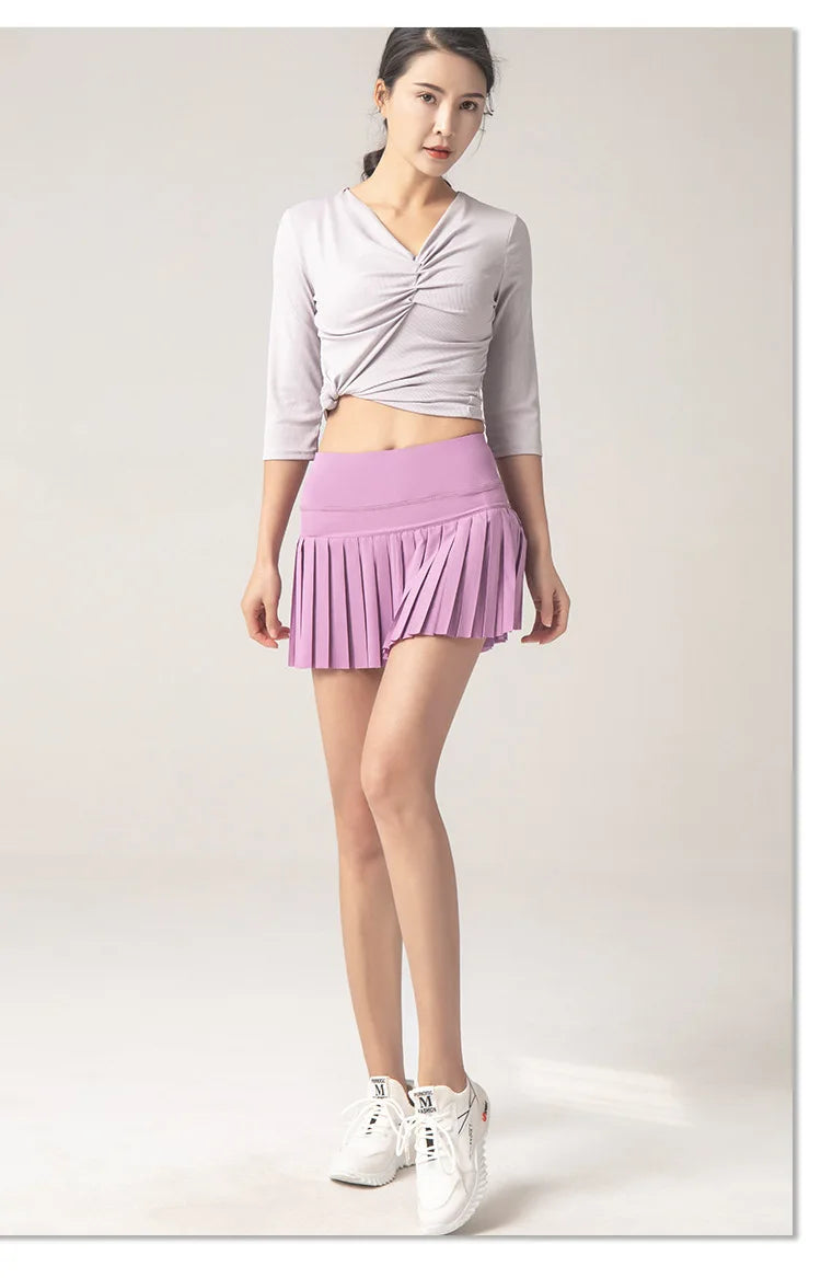 Summer Women Sports Anti Exposure Pleated Golf Tennis Skirts Fitness High Waist Elastic Athletic Run Shorts With Pocket