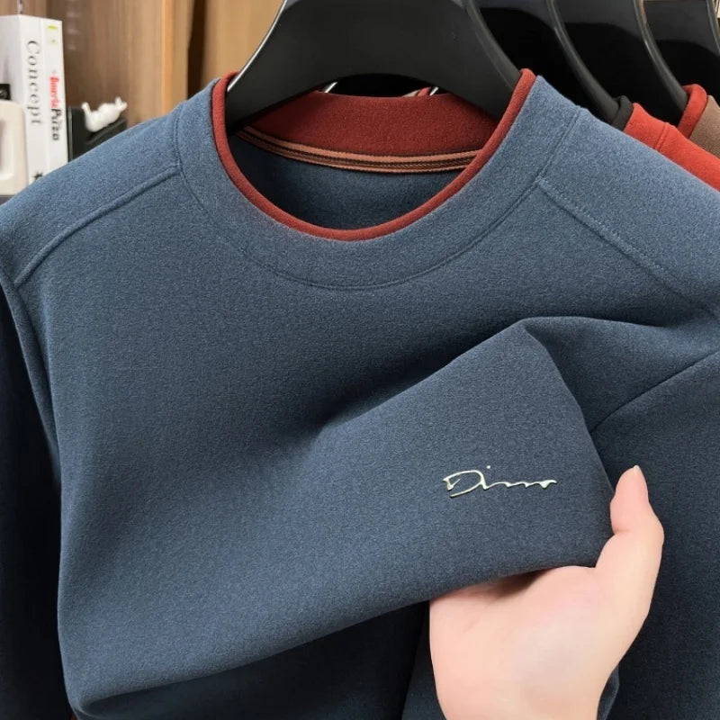 Unique fake two pieces round neck sweater men fashion brand letter emboss pullover autumn winter warm velvet long sleeve T-shirt