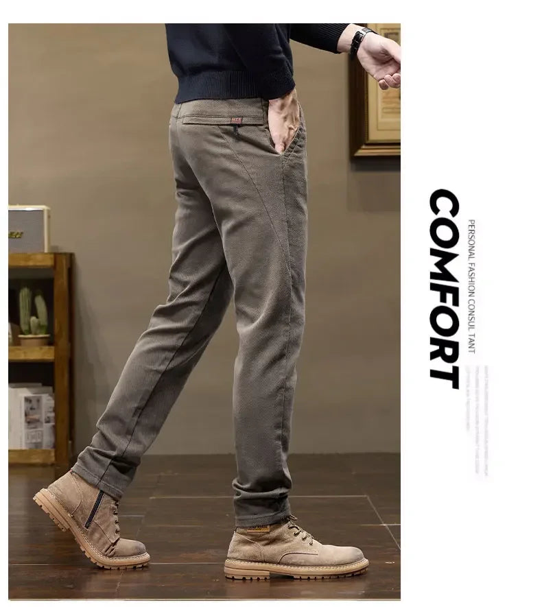 Korean Fashion Fleece Men's Casual Pants Slim Straight Youth Warm Trousers Thickened Thermal Stretch Male Clothes Trendy Brand