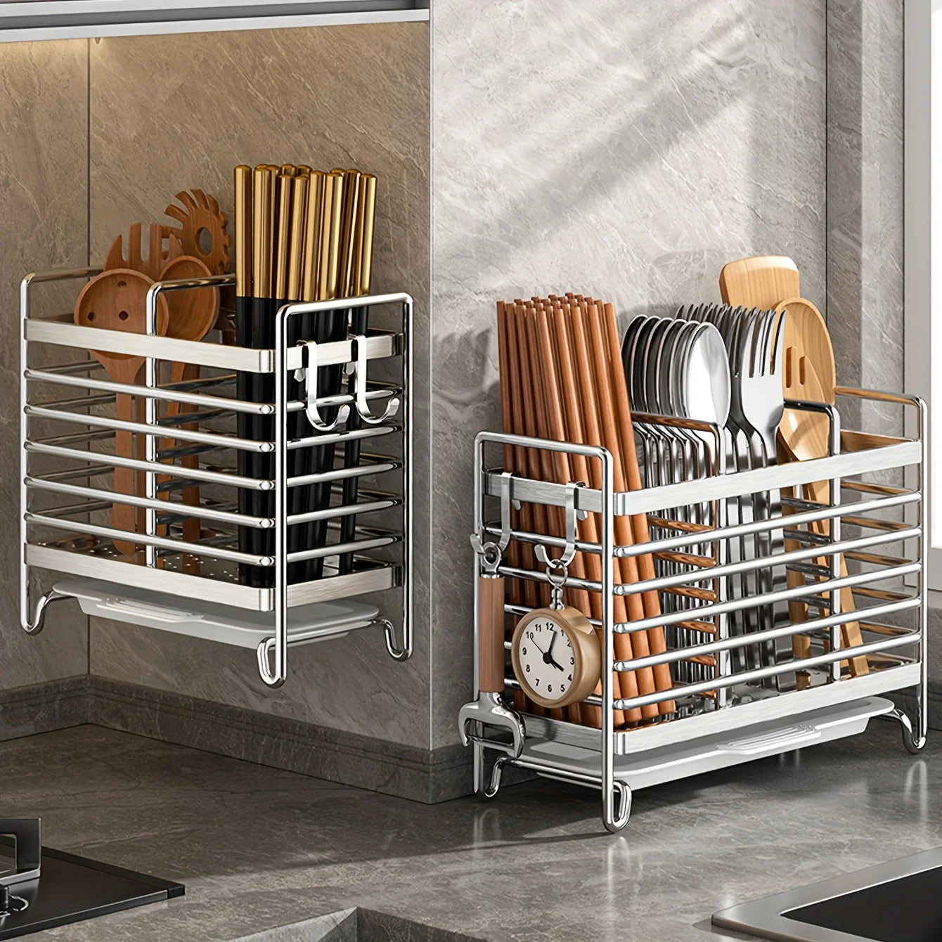 No-Drill Wall-Mounted Utensil Holder Stainless Steel Space-Saving Organizer For Kitchen Cutlery Ideal For Small Spaces