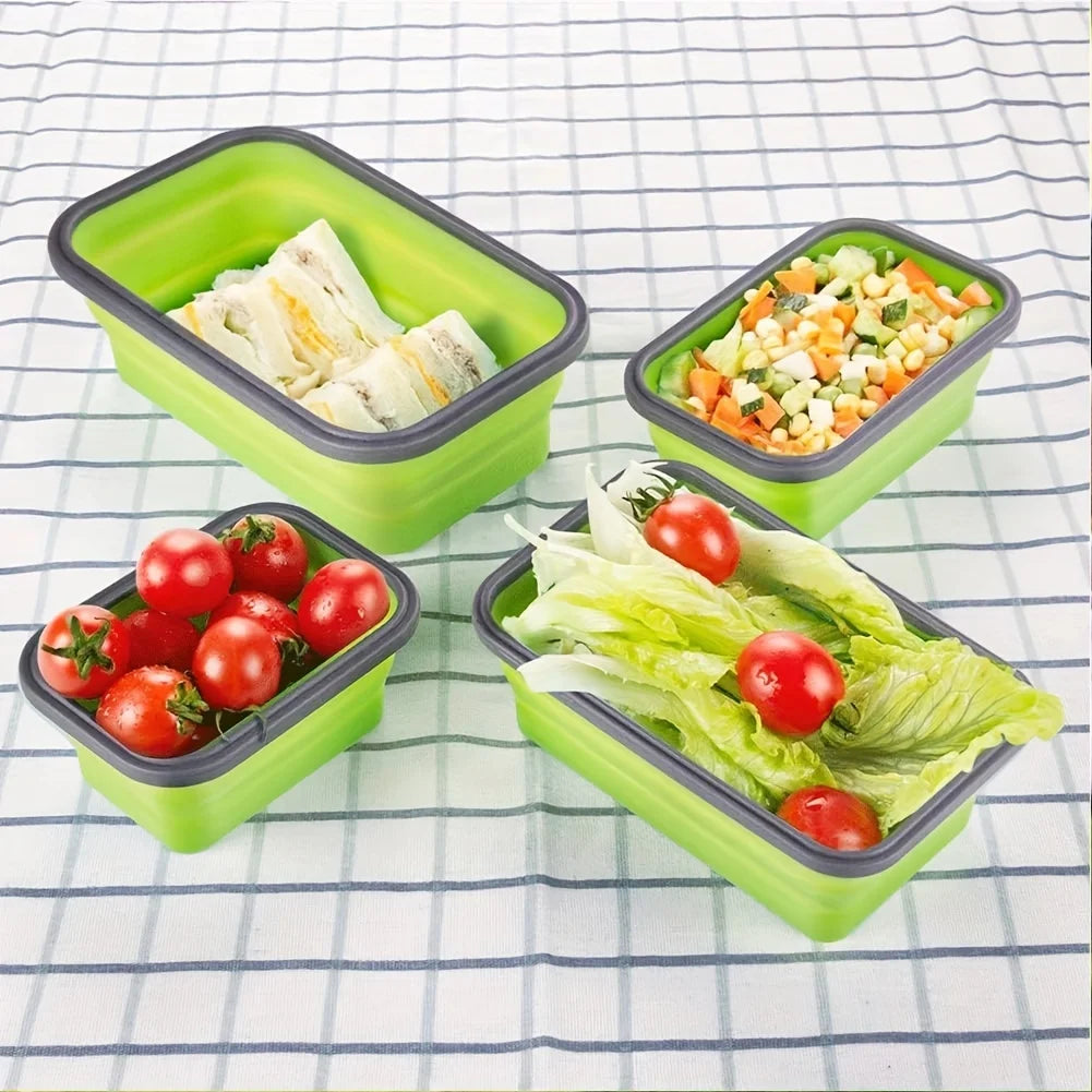 1/4PCS Folding Silicone Lunch Box Kitchen Refrigerator Preservation Box Eco-Friendly Picnic Storage Box Stackable Space Save