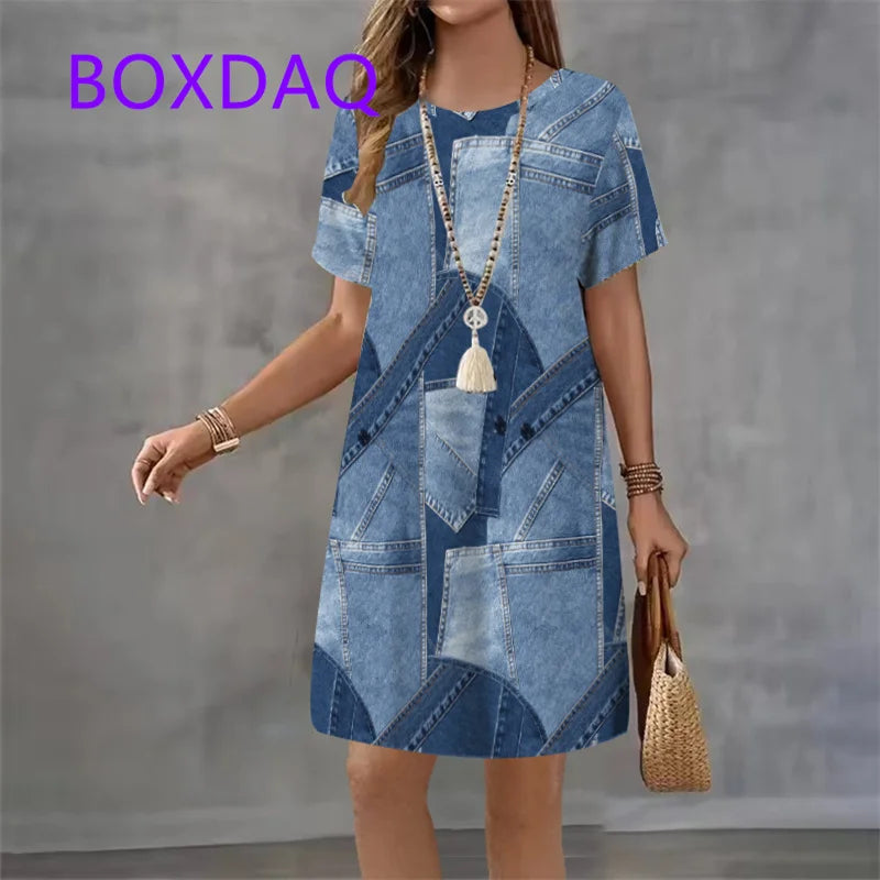 Fashion Trend 3D Imitation Denim Pattern Women's Dress New Summer Street Denim Flower Print Short Sleeve Loose Casual Mini Dress