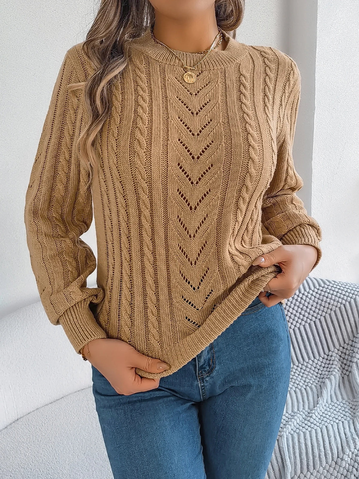 Women Solid Openwork Knit Pullover Round Neck Long Sleeve Cozy Fall Winter Resort Ready Sweater Top