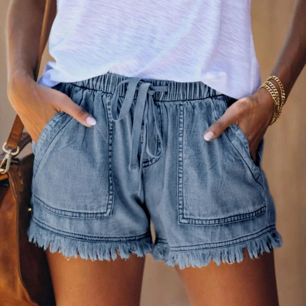 Women’s Denim Shorts Drawstring Elastic Waist Frayed Hem Short Pants Summer Casual Vintage Hottie Girls Loose Jeans with Pockets